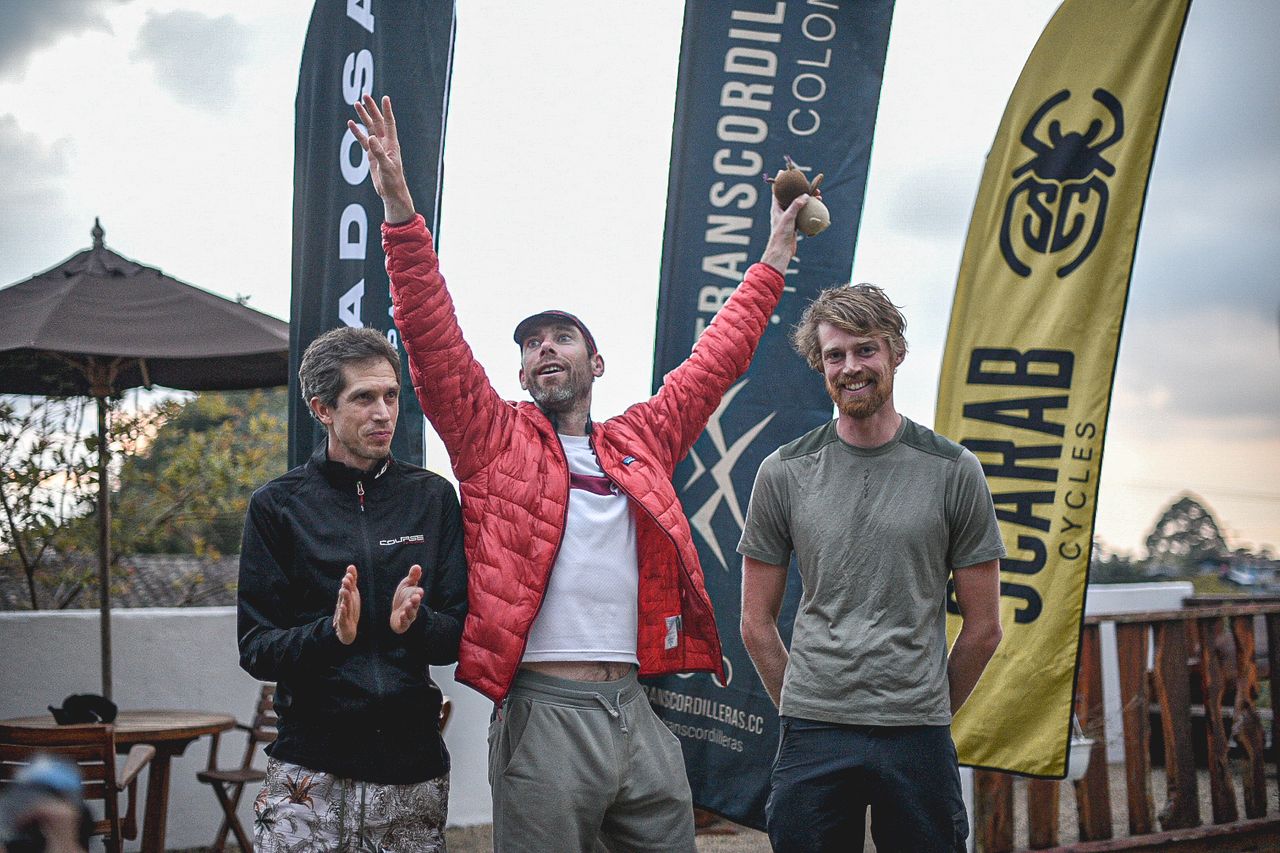 Stage 3 podium at 2023 Transcordilleras (L to R): Antonio Donado third, Laurens ten Dam winner, second place Janosch Wintermantel