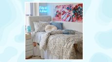A blue pastel swirly background with a picture of a dorm showing a bed and posters.
