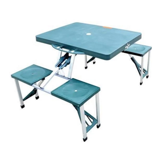 A blue-green portable picnic table