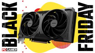 An image of an MSI RTX 5070 graphics card, against a stylized, coloful background, with a large PC Gamer Black Friday logo on the left, right edges