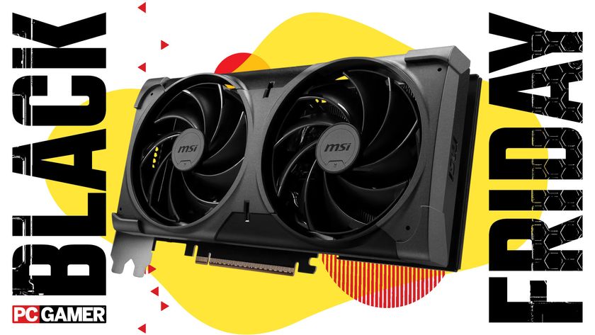 An image of an MSI RTX 5070 graphics card, against a stylized, coloful background, with a large PC Gamer Black Friday logo on the left, right edges