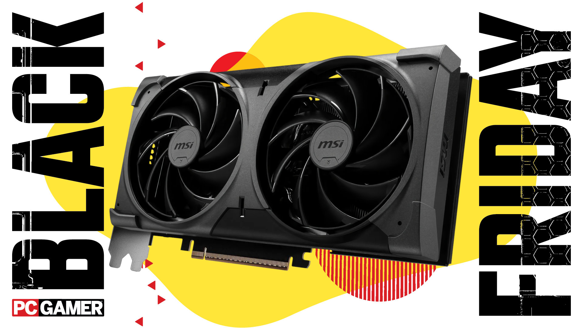 An image of an MSI RTX 5070 graphics card, against a stylized, coloful background, with a large PC Gamer Black Friday logo on the left, right edges