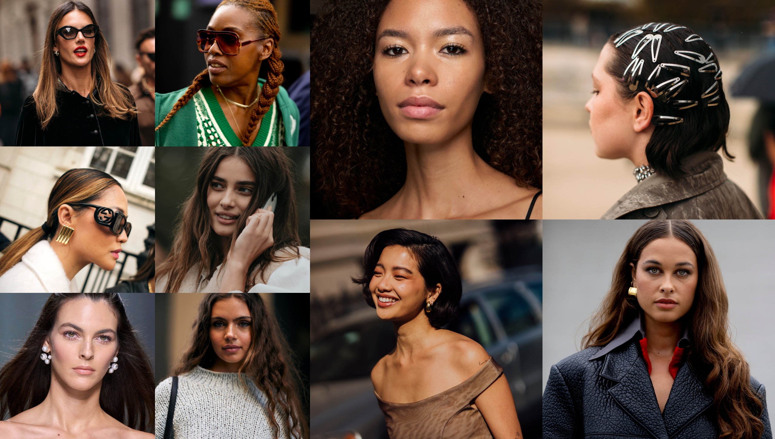 a collage of different women all with brunette hair and stylish outfits 