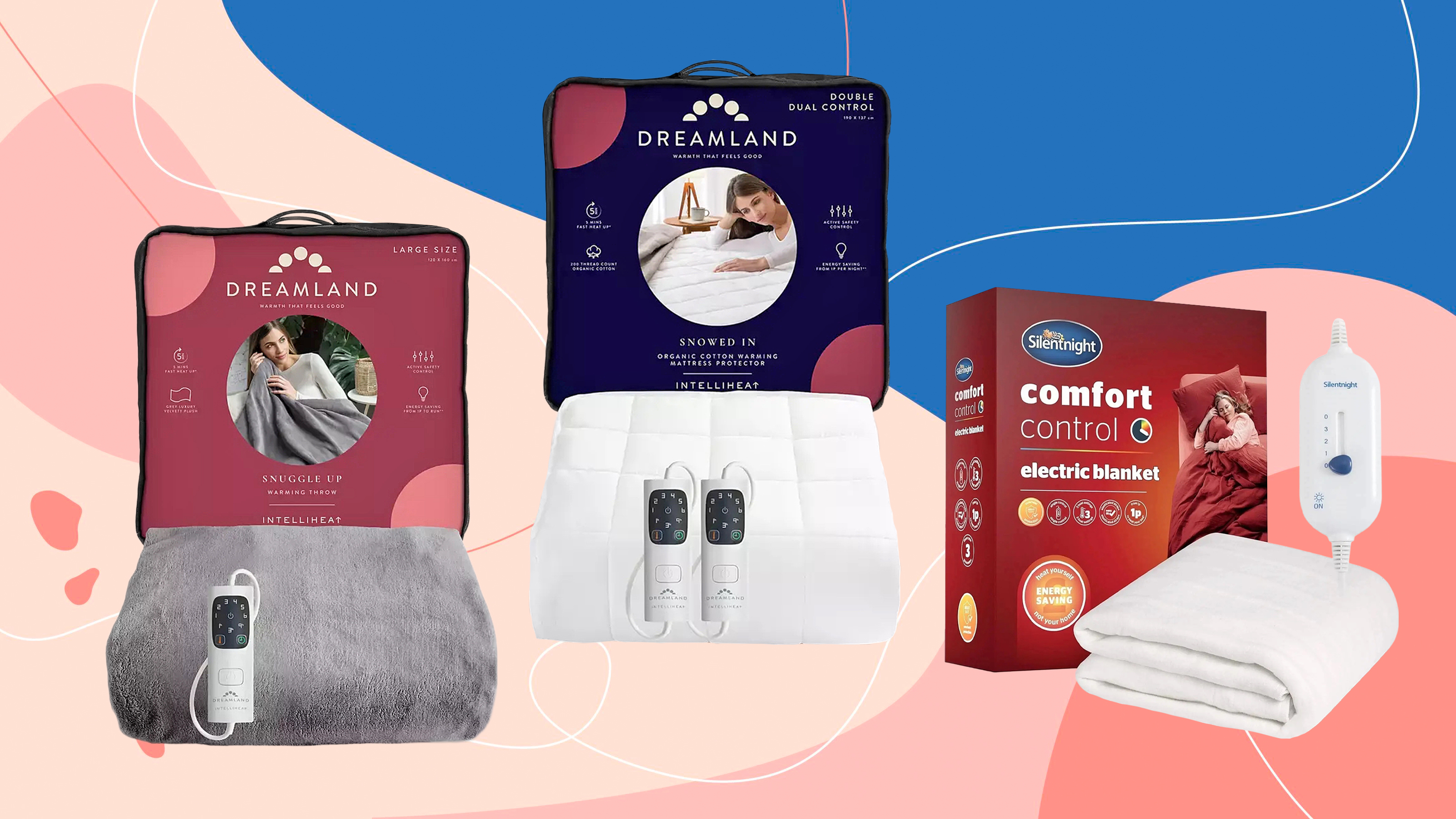 Three of the best electric blankets and heated throws as tested by the Ideal Home team, on a pink and blue abstract background