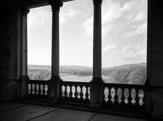 The 1968 view from the theatre tower (belvedere) at Chatsworth House. The surroundng park was landscaped for the 4th Duke of Devonshire by Capability Brown.