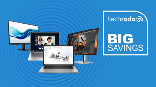 HP laptop and monitor bundles on blue background with techRadar logo and BIG SAVINGS text