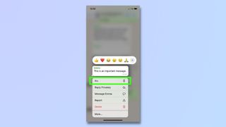 screenshot showing how to pin whatsapp chats on an iphone - select Pin