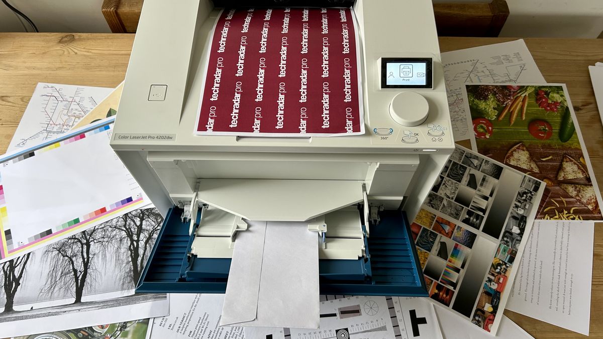 The HP Color LaserJet Pro 4201dw laser printer during our tests in a home office