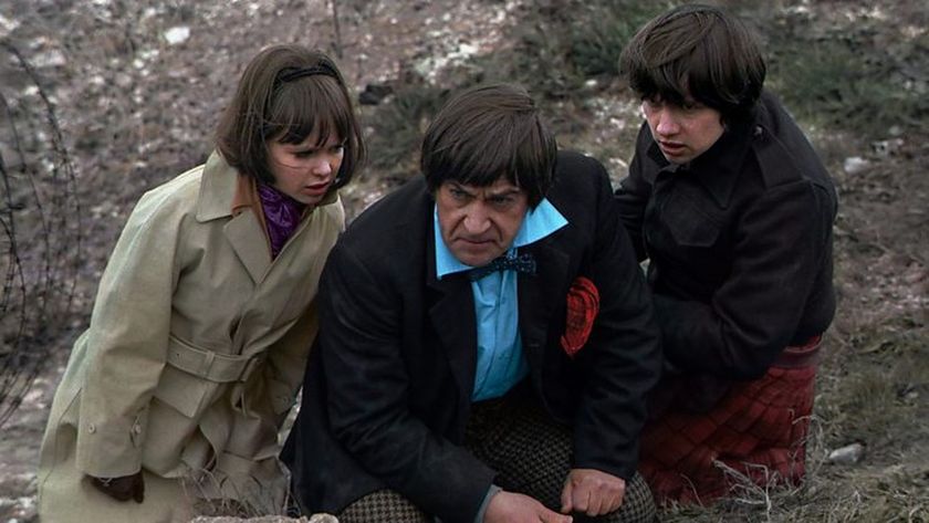 The Doctor (Patrick Troughton) and his companions, Jamie McCrimmon (Frazer Hines) and Zoe Heriot (Wendy Padbury) in Doctor Who: The War Games in Colour