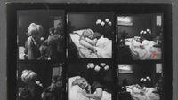 A close-up crop of a contact sheet showing six frames: a blonde person photographed among flowers in a hospital setting, with expressions ranging from eyes closed to direct engagement with the camera.