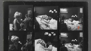A close-up crop of a contact sheet showing six frames: a blonde person photographed among flowers in a hospital setting, with expressions ranging from eyes closed to direct engagement with the camera.
