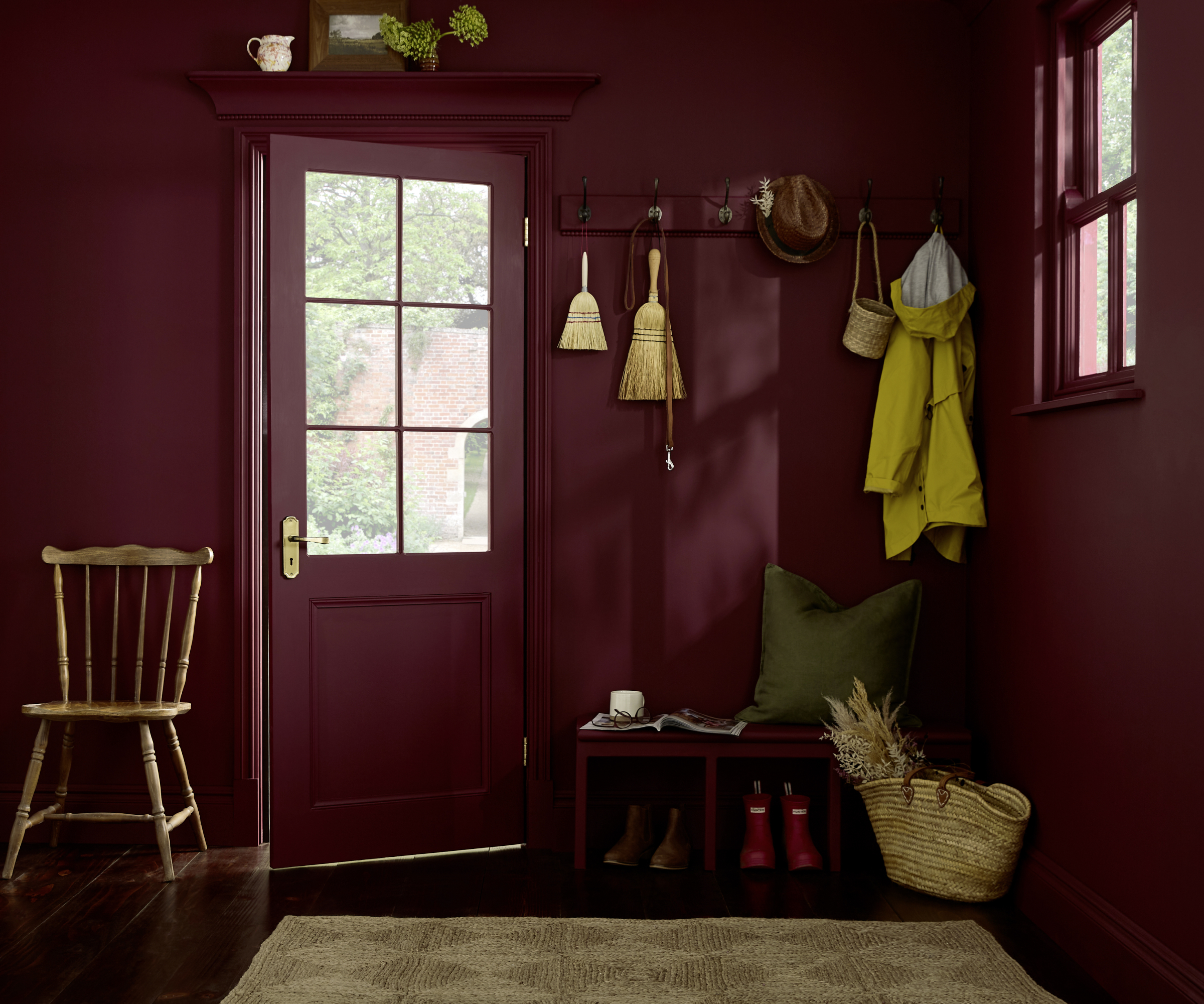 rear entrance to home colour drenched in rich burgundy