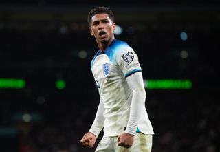 Jude Bellingham of England celebrates his assist for Marcus Rashford's goal during the UEFA EURO 2024 European qualifier match between England and Italy at Wembley Stadium on October 17, 2023 in London, England. (Photo by Visionhaus/Getty Images)