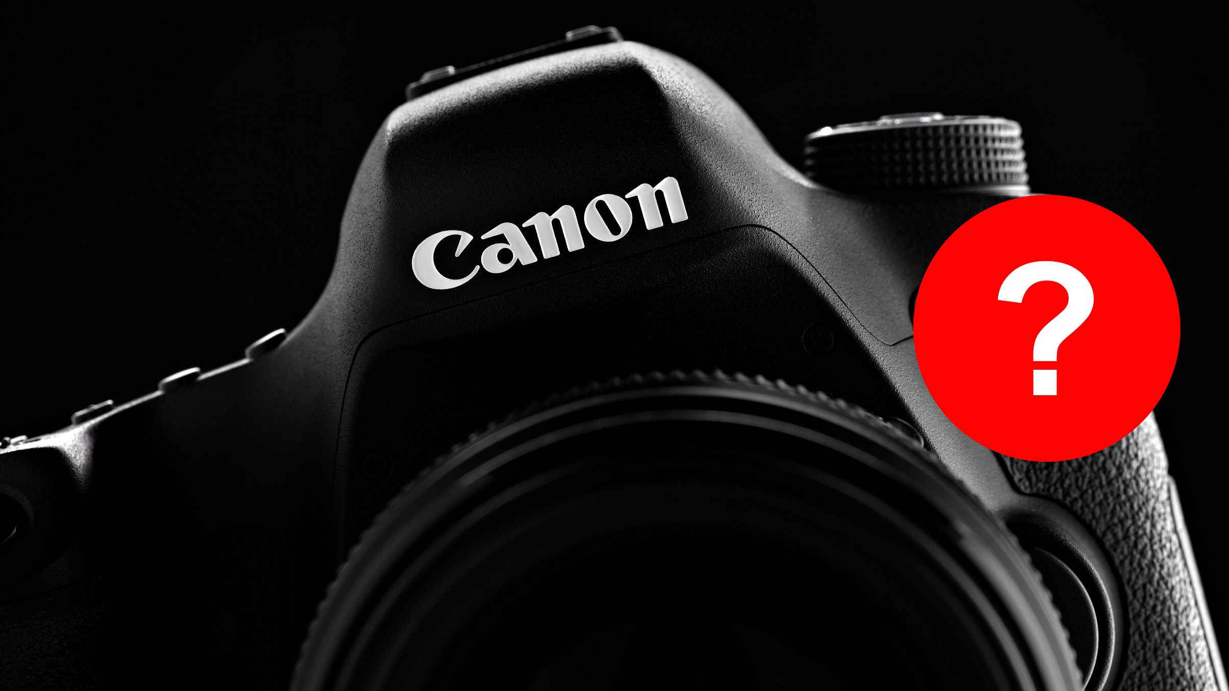 Close-up of a Canon DSLR camera's top, showcasing the logo and a dark background, with a red circle featuring a question mark