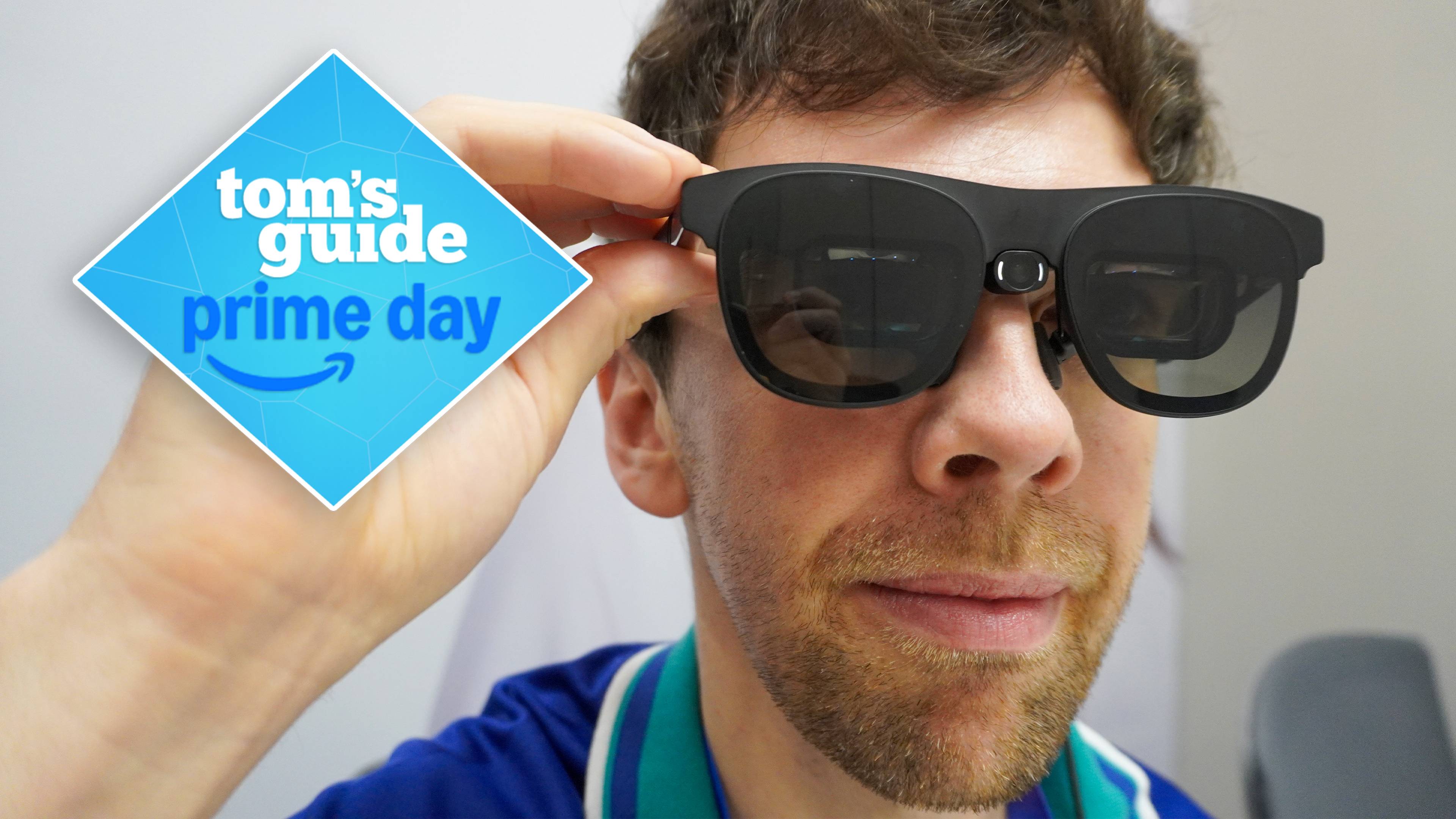 Xreal One Pro being worn by person with Tom&#039;s Guide Prime Day badge