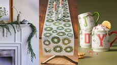 A three-panel image showing items in the Anthropologie Holiday collection - a Faux Rosemary Garland; a Types of Wreaths Table Runner; and a Festive Bistro Tile Monogram Mug