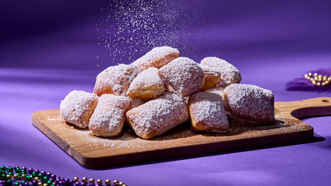 ユニバーサル・スタジオ・フロリダ・マルディグラのベニエの写真。背景は紫色で、ベニエは木製パレットの上に置かれています。