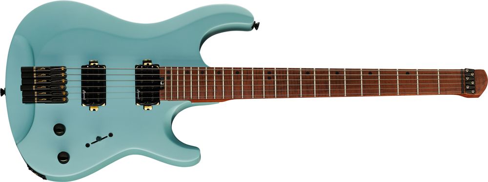 Harley Benton Dullahan headless electric guitar in Daphne Blue