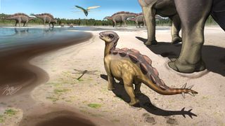 An artist&#039;s reconstruction of a baby stegosaur leaving tracks more than 100 million years ago. 