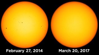 This side-by-side view shows sunspots on the sun on Feb. 27, 2014, (left) and the sunspot-less day of March 20, 2017, as seen by NASA's Solar Dynamics Observatory.
