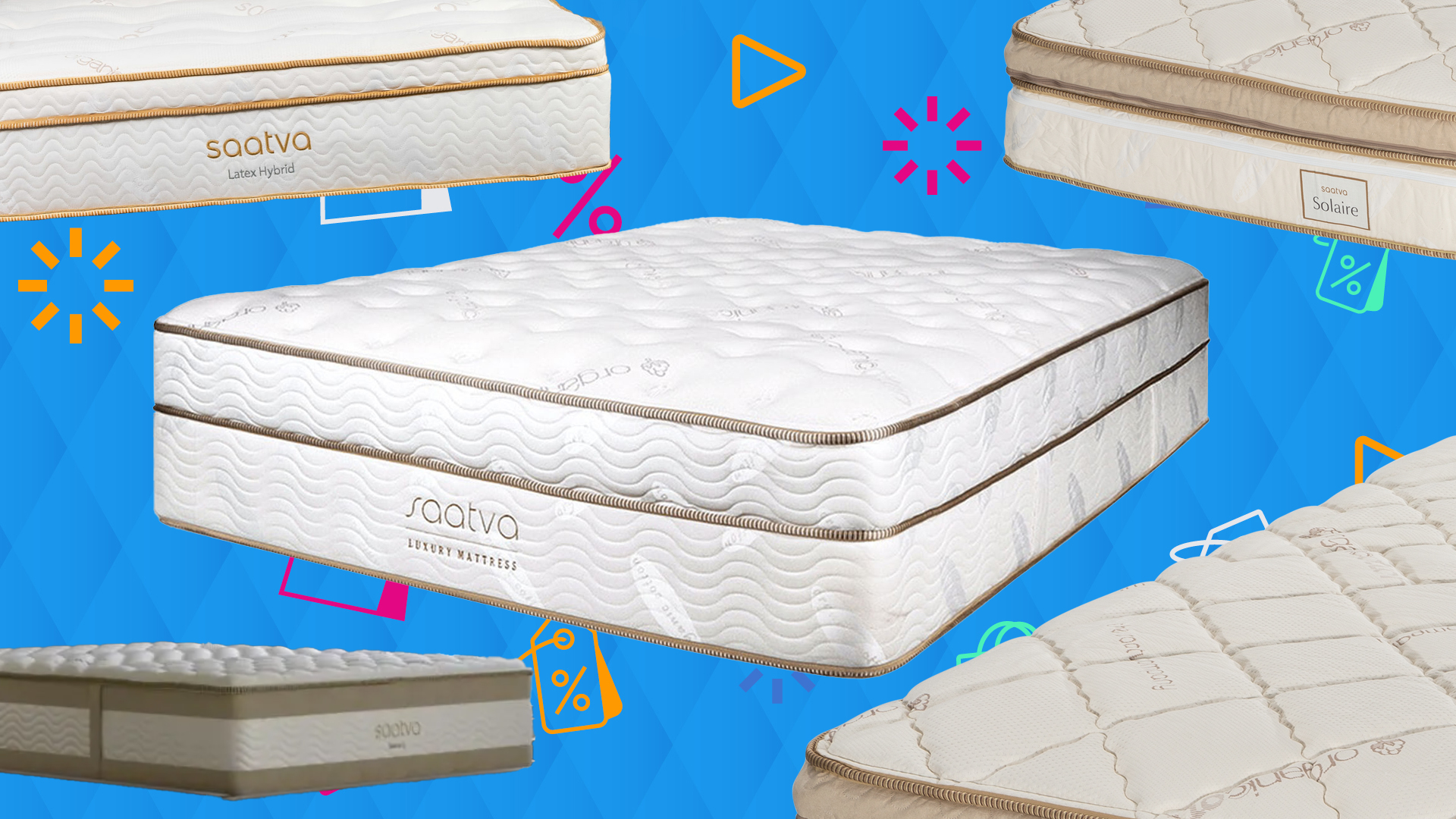 An assortment of Saatva mattresses on a blue background with sales graphics such as percentage symbols and shopping bags