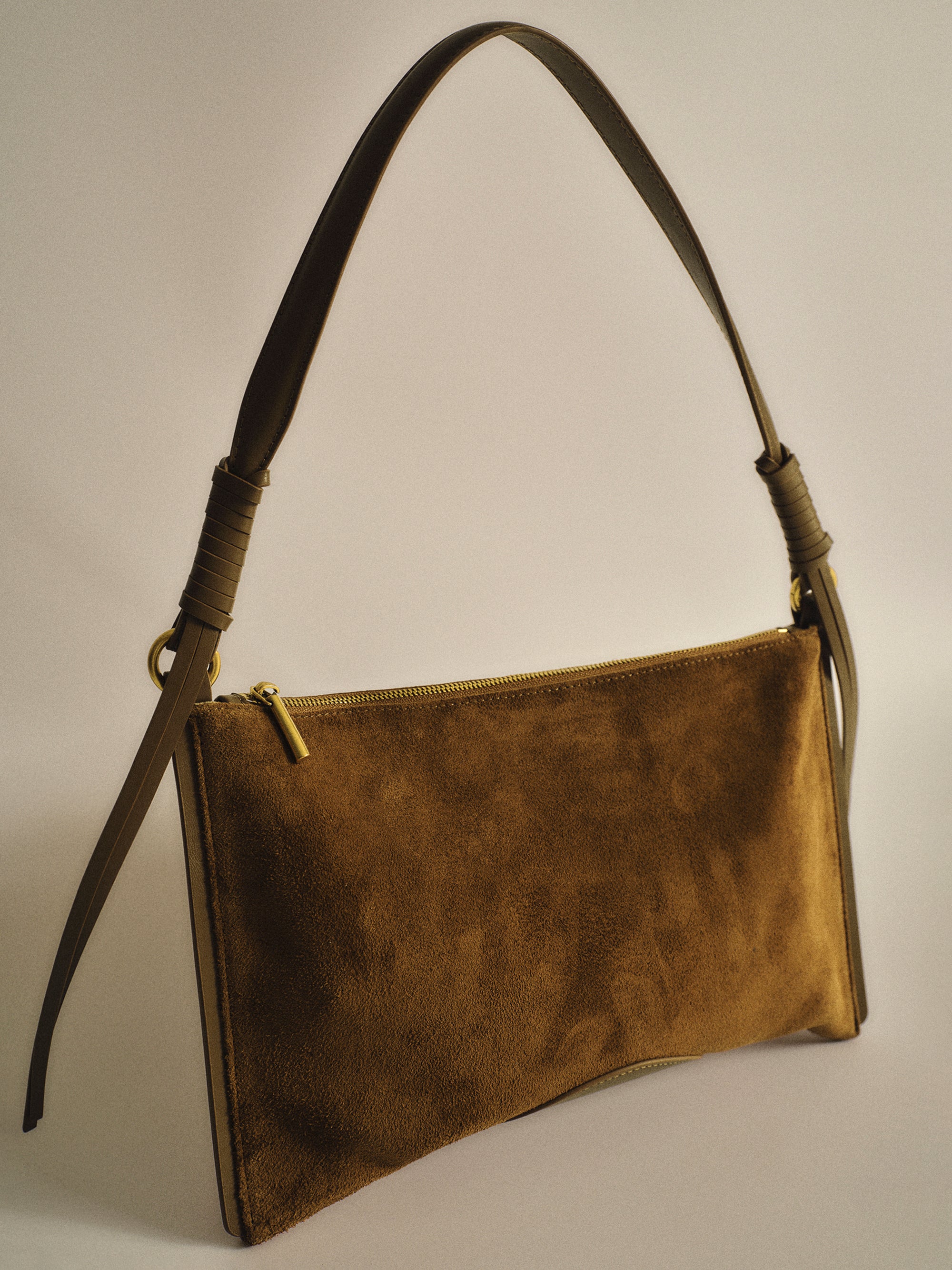 Suede Patch City Bag, Camel