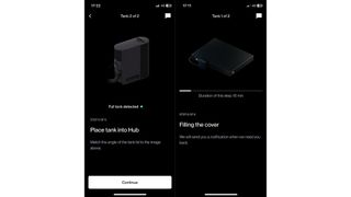 Screenshots of the Eight Sleep Pod 3 app setting up the water tank