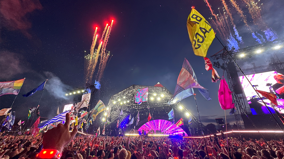 Fireworks explode as Coldplay perform on the Pyramid stage during day four of Glastonbury Festival 2024 at Worthy Farm, Pilton on June 29, 2024 in Glastonbury, England.