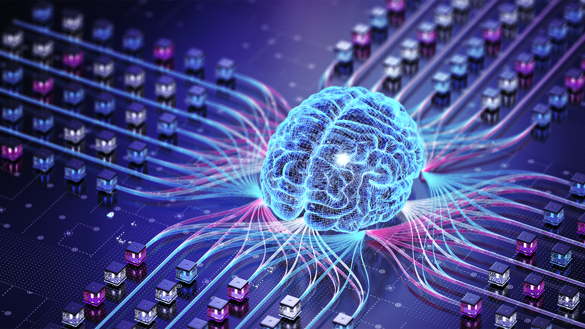 Sovereign AI concept image showing an artificial digitized brain absorbing data from multiple different directions. 