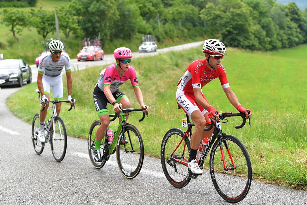 Nicolas Edet (Cofidis, Solutions Credits), Brice Feillu (Fortuneo-Samsic), Lawson Craddock (EF Education First-Drapac) in the breakaway during stage 1 at Criterium du Dauphine
