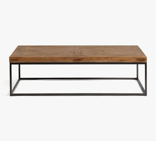rectangular coffee table with wooden top and black legs