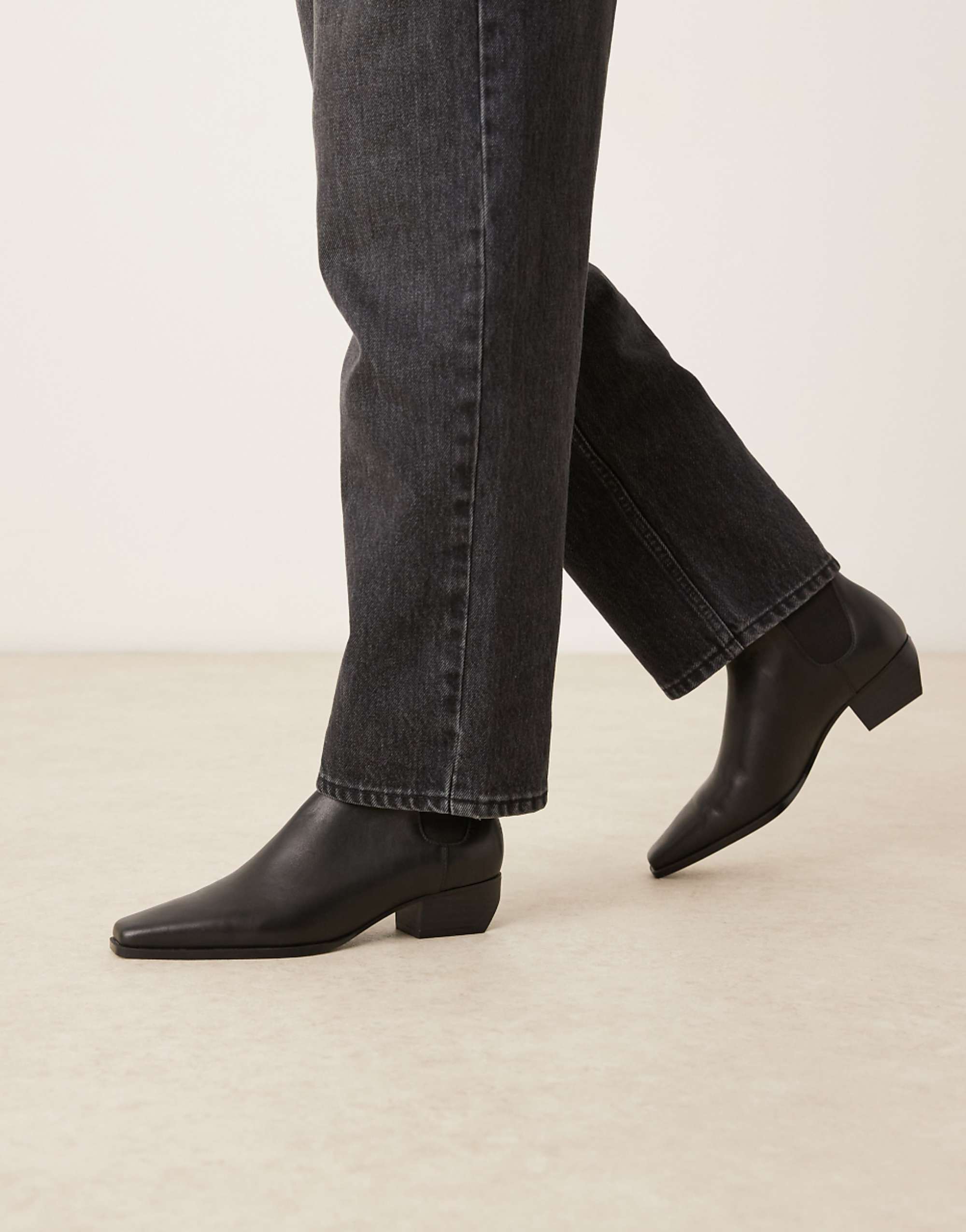 Mango Leather Square Toe Low Heeled Ankle Boot in Black