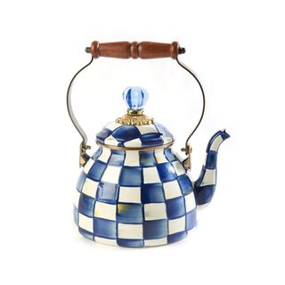 MacKenzie Childs blue and white checkerboard tea pot with brass and wood handle