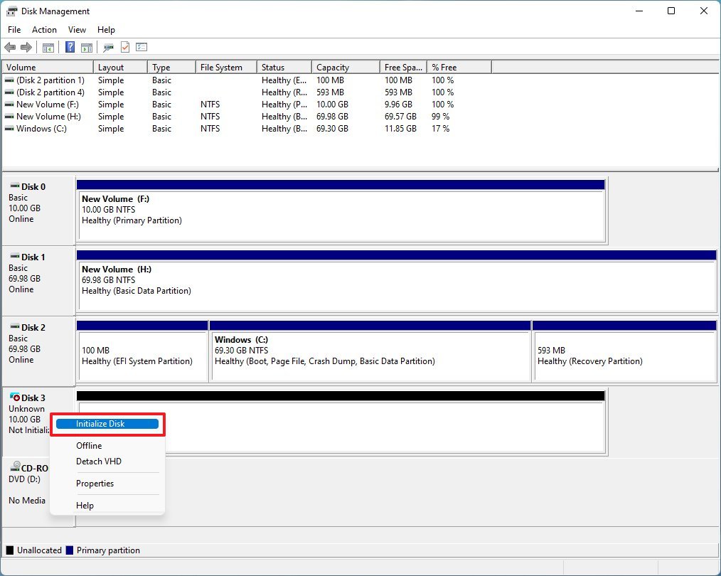 Option d'initialisation du disque dans Windows 11