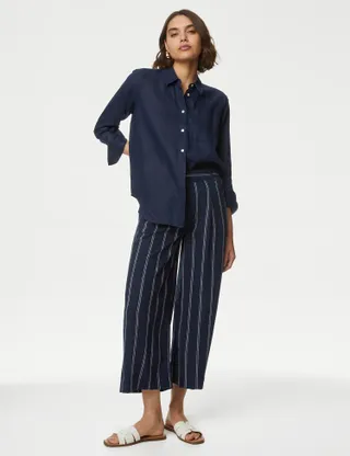 M&S Collection, Linen Rich Striped Cropped Wide Leg Trousers