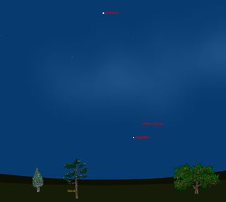 This sky map shows the location of planet Jupiter, the thin crescent moon and brilliant Venus, about 30 minutes after sunset on Sunday, April 22, 2012 as viewed from mid-northern latitides with clear weather.