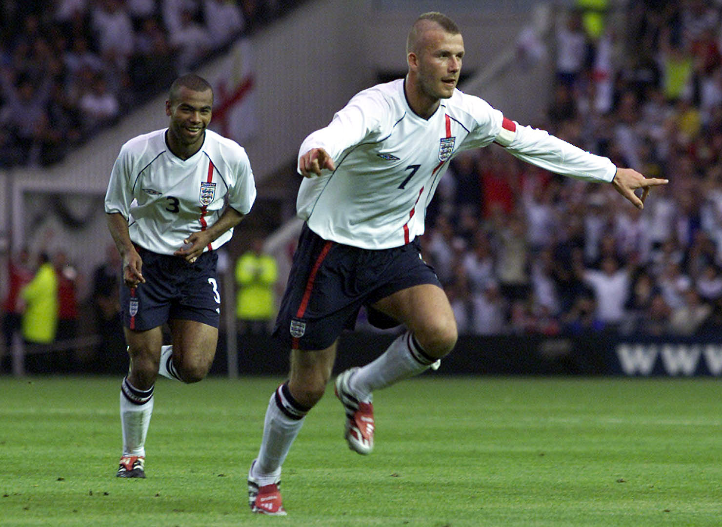 David Beckham celebrates after scoring a free-kick for England against Mexico in a friendly at Pride Park in May 2001.