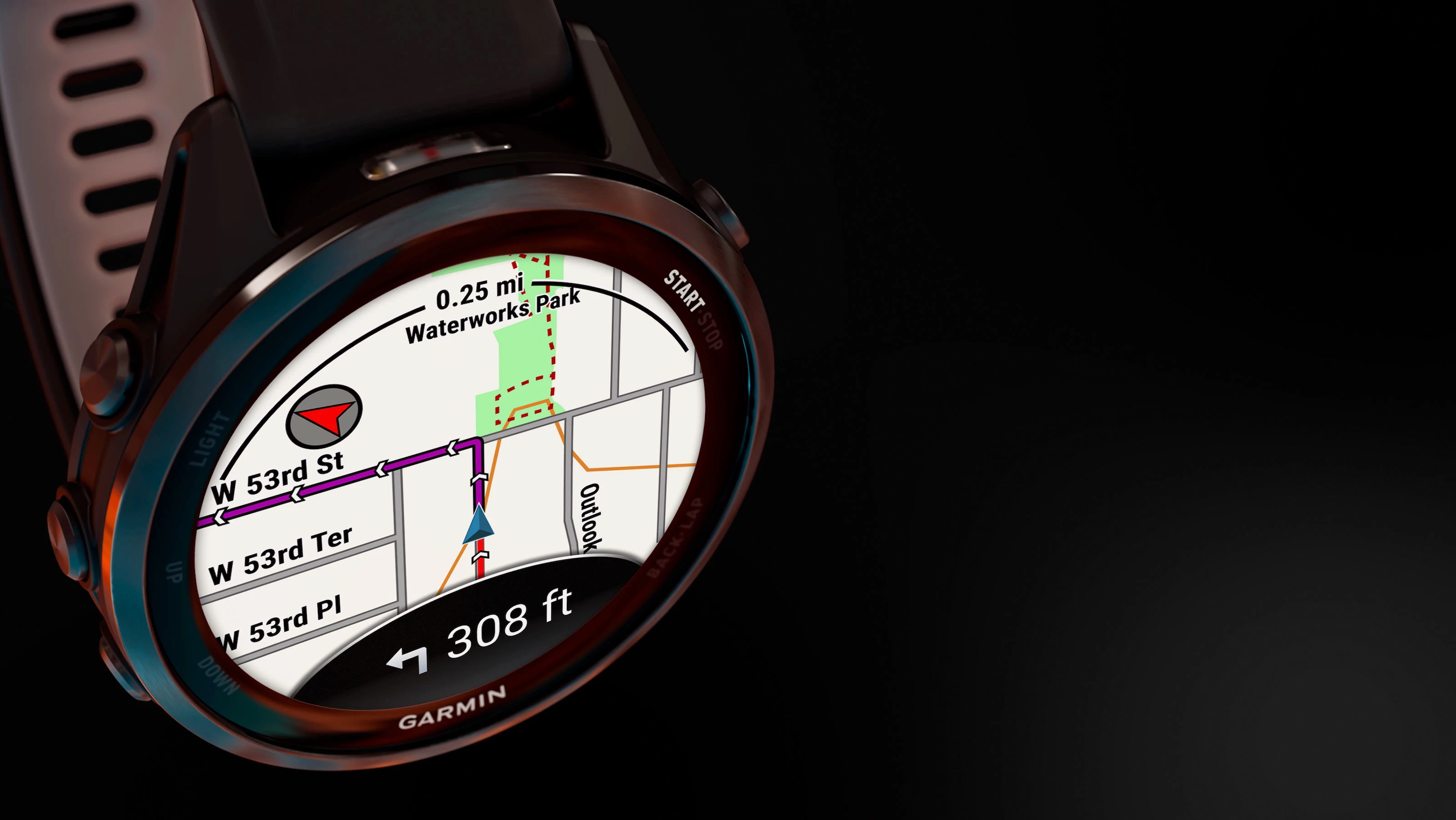 Render of the Garmin Forerunner 970 in a black void, the image focused on turn-by-turn navigation on a city-streets map.