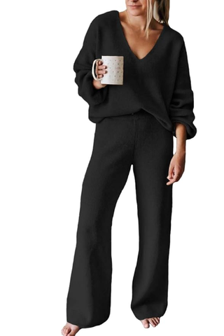 Viottiset Women's 2 Piece Outfits Casual V Neck Knit Wide Leg Sweater Lounge Set Sweatsuit Black Medium