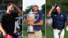 (Left) Jon Rahm runs his left hand through his hair at the 2025 PGA Championship, (centre) Scottie Scheffler holds the Wanamaker Trophy, (right) Bryson DeChambeau puts his cap back on while looking disappointed