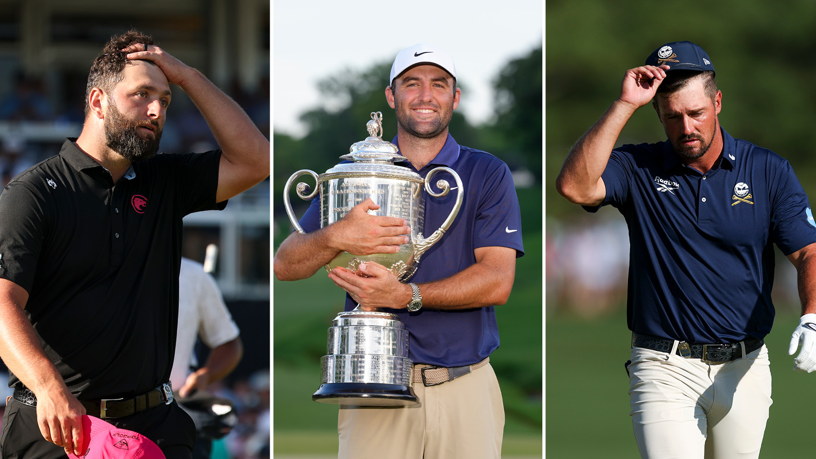 (Left) Jon Rahm runs his left hand through his hair at the 2025 PGA Championship, (centre) Scottie Scheffler holds the Wanamaker Trophy, (right) Bryson DeChambeau puts his cap back on while looking disappointed
