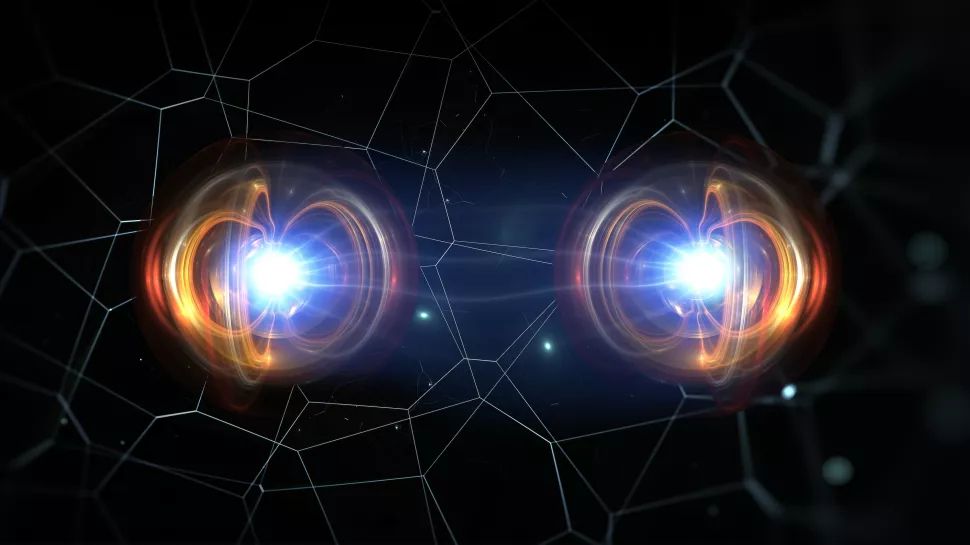 An illustration of two atoms side by side in quantum entanglement.