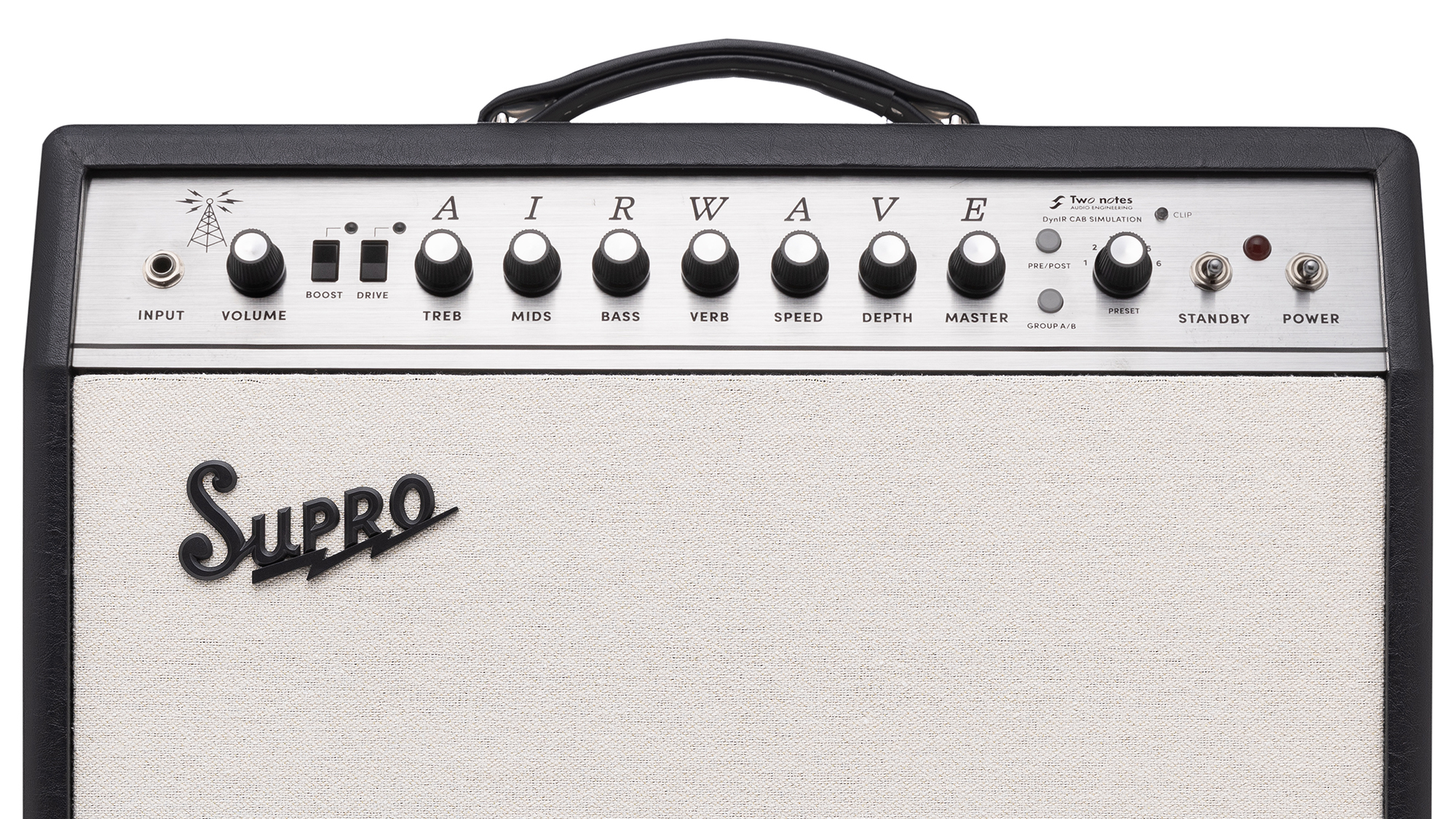 A photo showing a detail of the Supro Airwave 1x12 combo