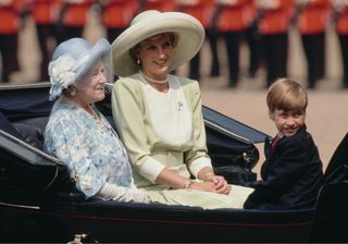 The Princess of Wales wears a green outfit and hat at the Trooping of Colour 1990