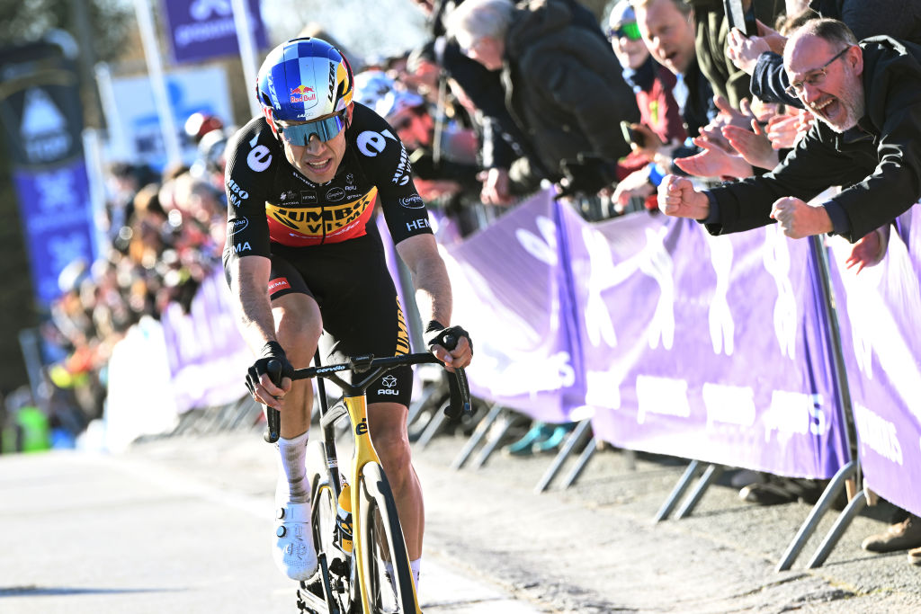 NINOVE, BELGIUM - FEBRUARY 26: Wout Van Aert of Belgium and Team Jumbo - Visma competes during the 77th Omloop Het Nieuwsblad 2022 - Men's Race a 204,2km race from Ghent to Ninove / #OHN22 / @FlandersClassic / #WorldTour / on February 26, 2022 in Ninove, Belgium. (Photo by Vincent Kalut - Pool/Getty Images)