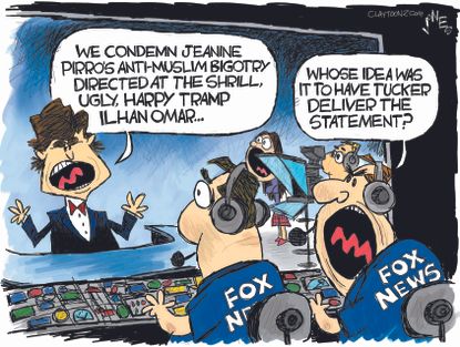 Political Cartoon U.S. Tucker Carlson commentary Ilhan Omar Jeanine Pirro