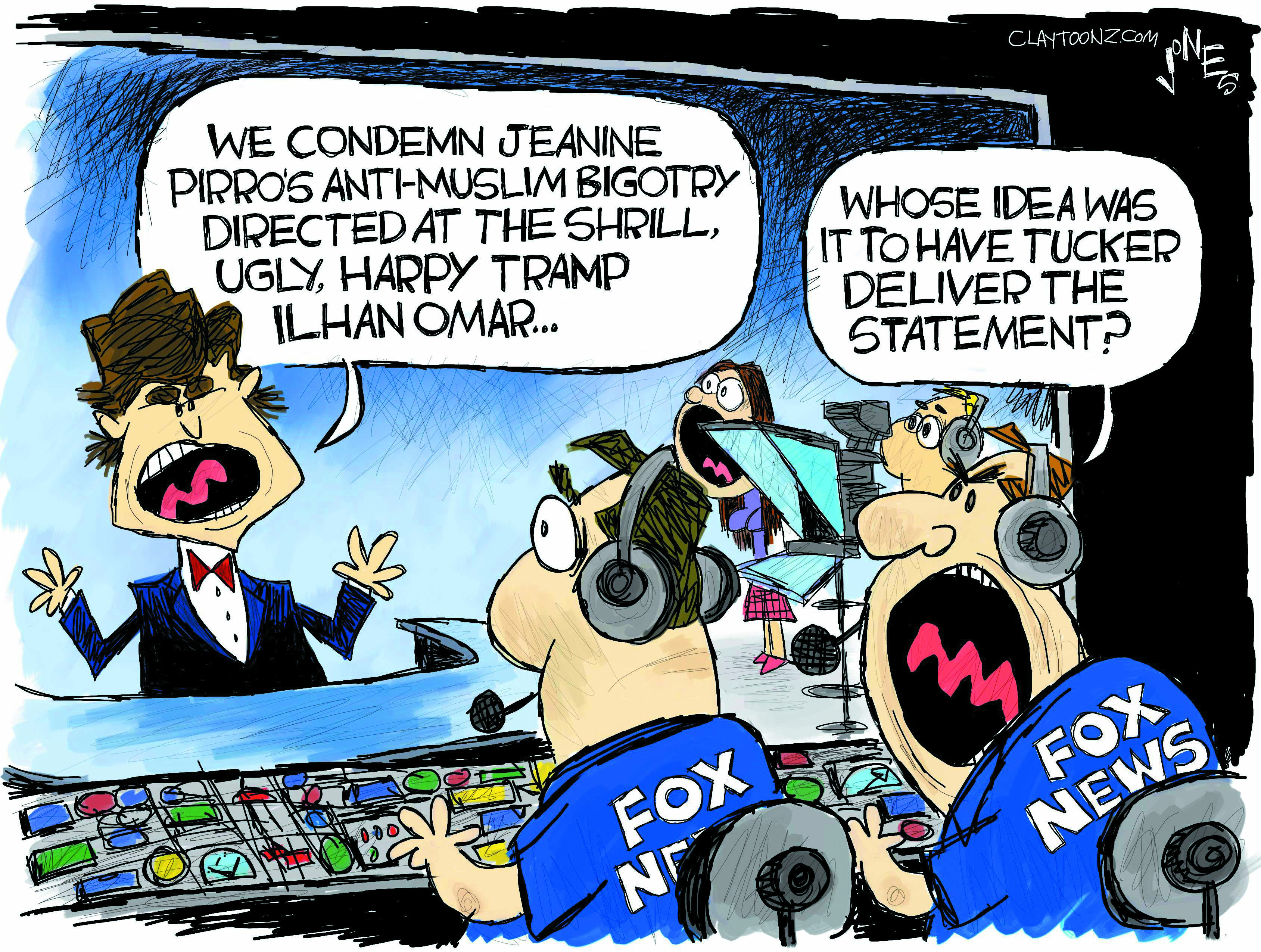 Political Cartoon U.S. Tucker Carlson commentary Ilhan Omar Jeanine Pirro