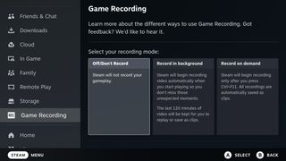 Screenshot of the Steam Game Recording settings menu on Steam Deck.