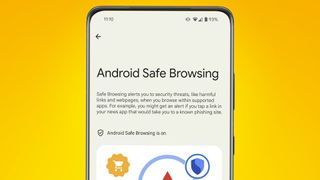 An Android phone on an orange background showing Safe Browsing settings