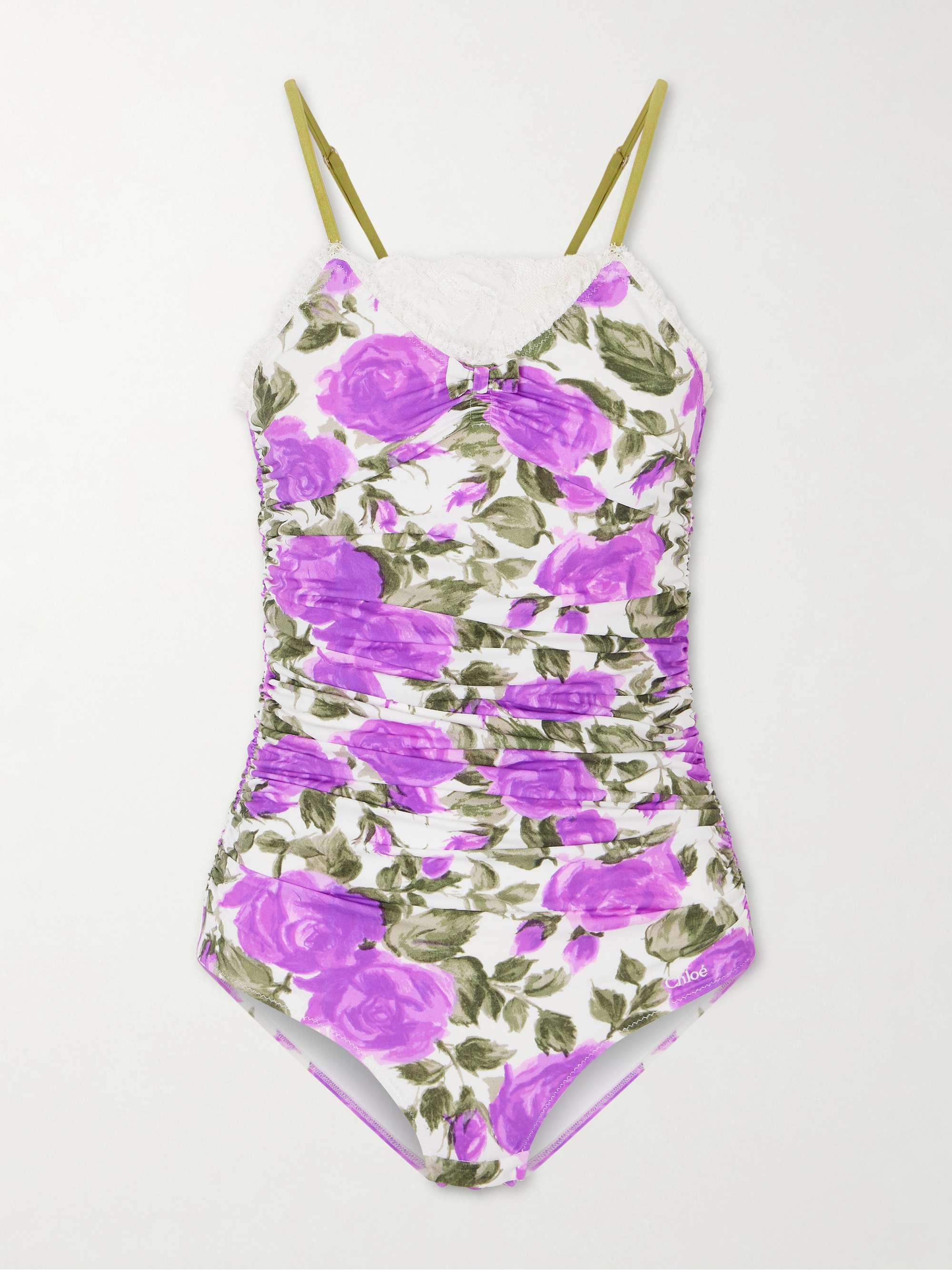 Bow-Detailed Ruched Lace-Trimmed Floral-Print Swimsuit